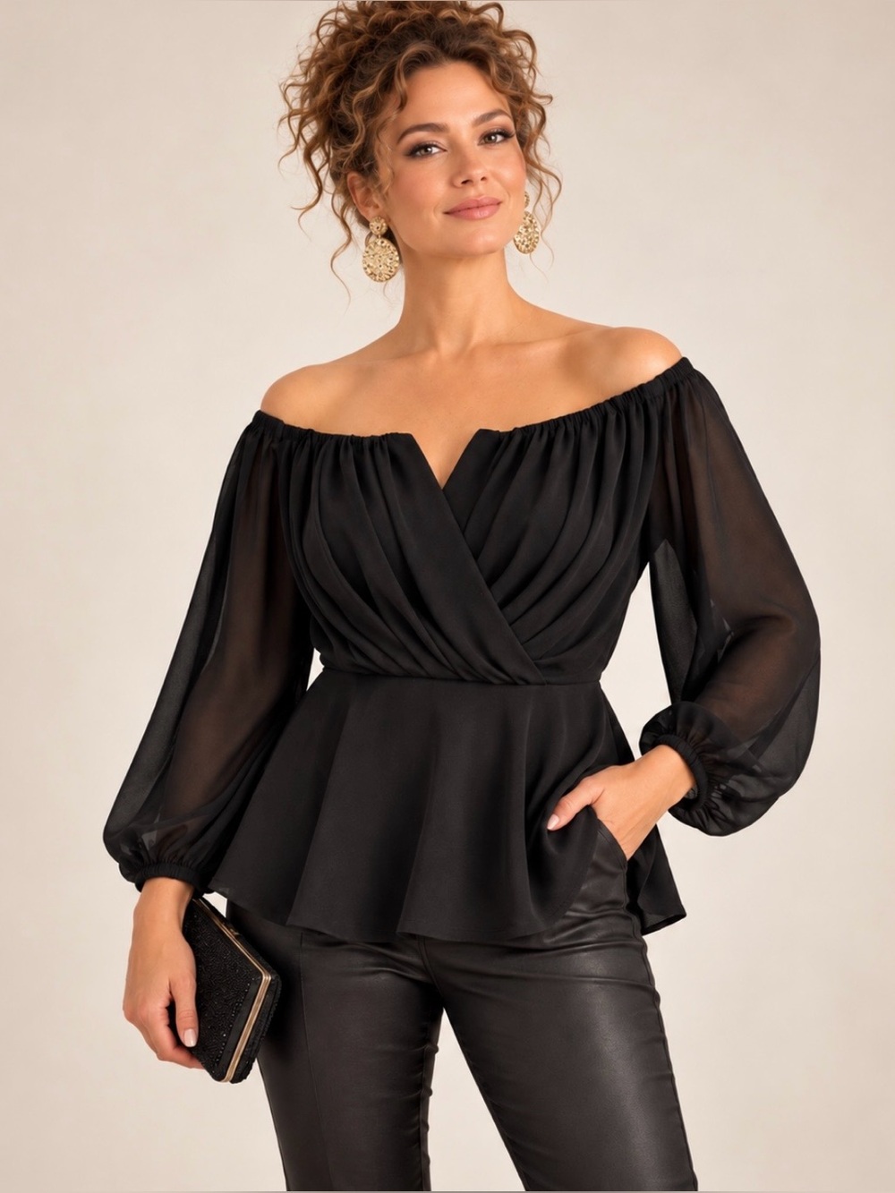 Fashion Nova Black Draped Peplum Blouse Off Shoulder Size 1X/2X